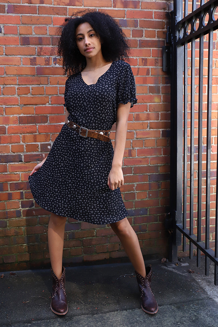 Little Ditsy V Neck Ruffle Sleeve Dress Handmade by Rove Roam