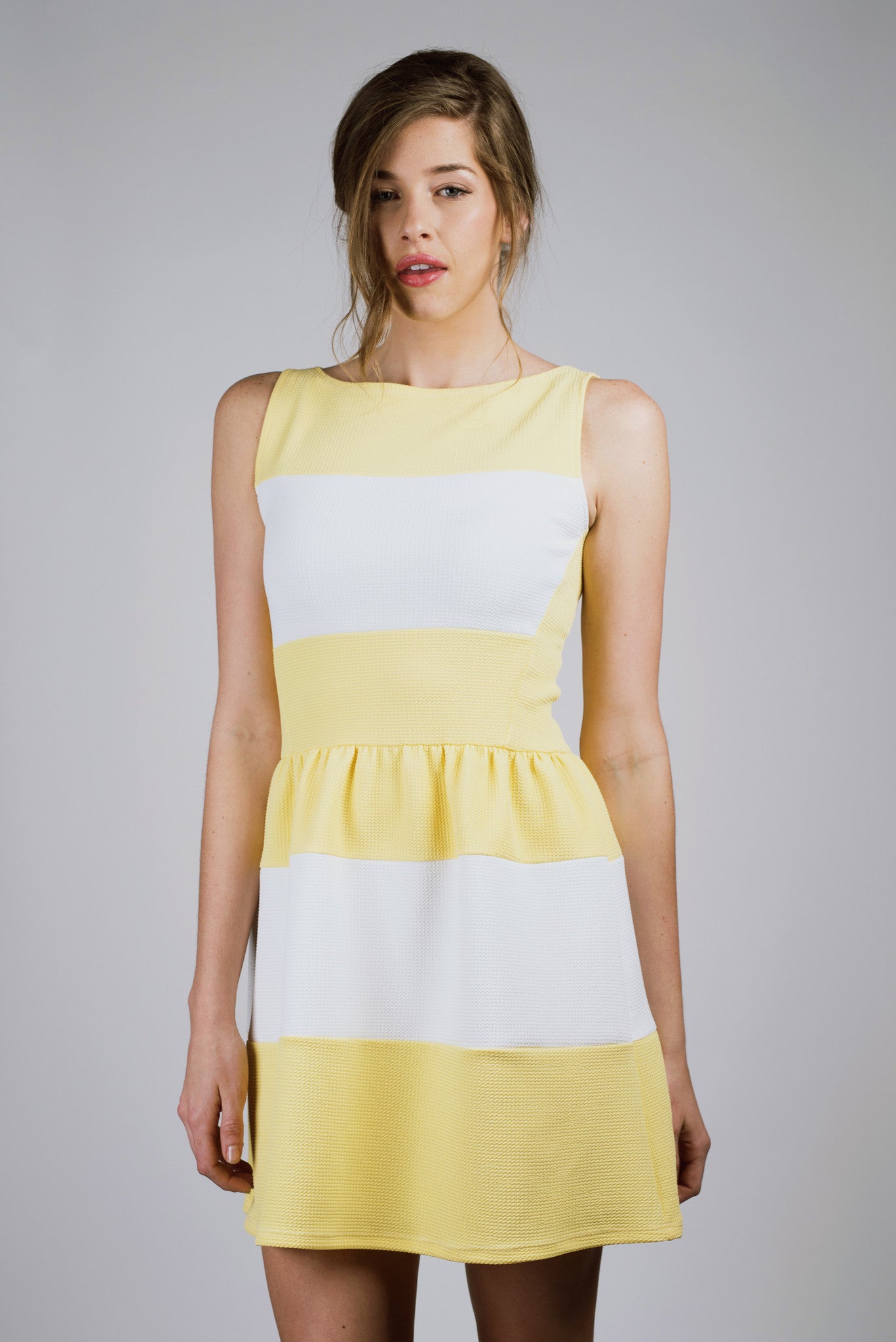 Yellow and White, Geometric Print, Striped Party Dress, Spring
