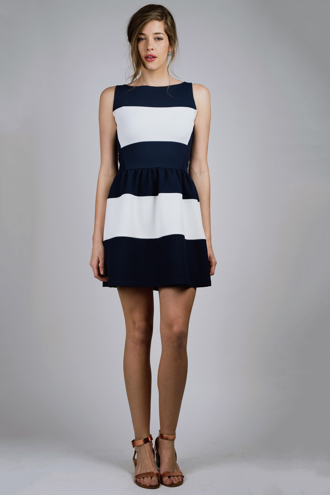 Navy and White, Geometric Print, Striped Party Dress, Spring