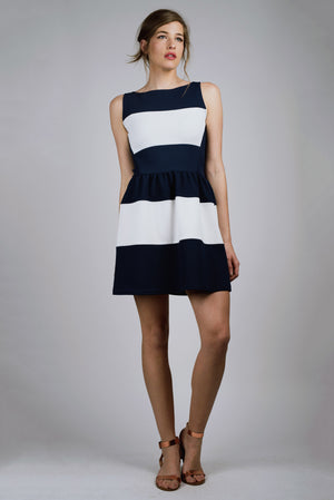 Navy and White, Geometric Print, Striped Party Dress, Spring
